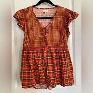 True Craft Plaid Orange Women's Top Size Small Babydoll Tassel Ruffle Fall